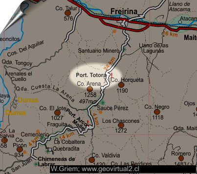 Strassenkarte Freirina nach Labrar in der Atacama Region in Chile