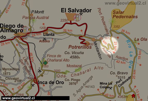 Carta de la cuesta Asientos - Pedernales en el desierto de Atacama, Chile