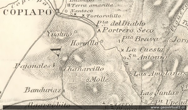 Carta de Gilliss 1855 - linea ferrea a Pabellón, Region de Atacama, Chile