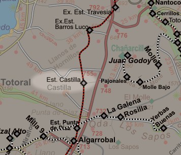 Carta de ubicación ex estación Castilla en el desierto de Atacama, Chile