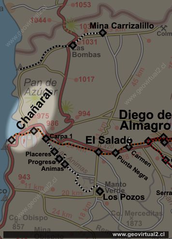 Mapa de Chañaral y las líneas férreas cercanas - Región de Atacama, Chile