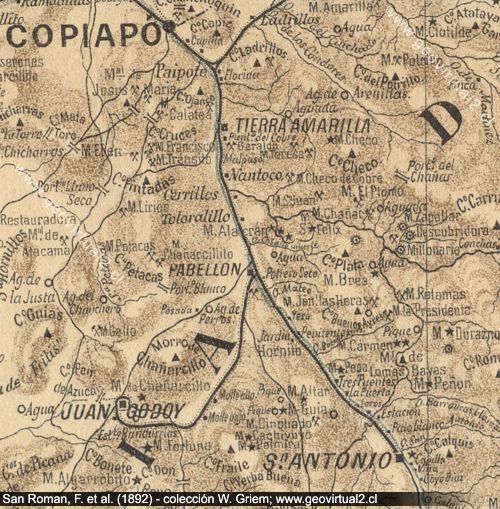 Mapa de la línea férrea entre Copiapó y San Antonio - Chañarcillo, Región de Atacama, Chile