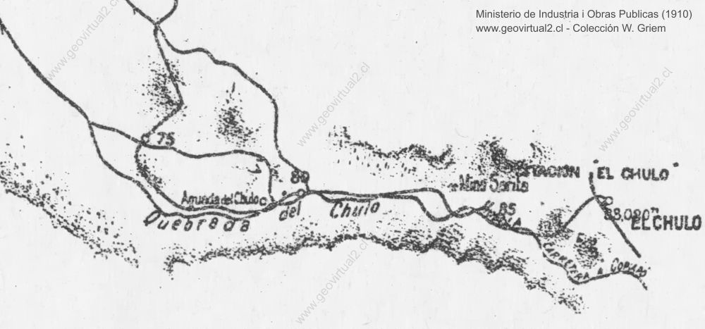 Mapa de 1910: trayecto de la linea longitudinal cerca de Chulo en Atacama