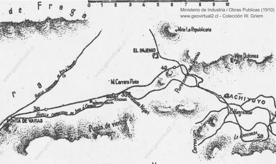 Mapa del trayecto longitudinal de Carrera Pintoen el desierto de Atacama, Chile