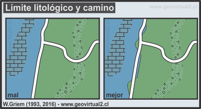 Limites de caminos y litología en cartas geológicas