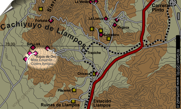 Mapa del sector minas Rajos de Oro en Atacama, Chile