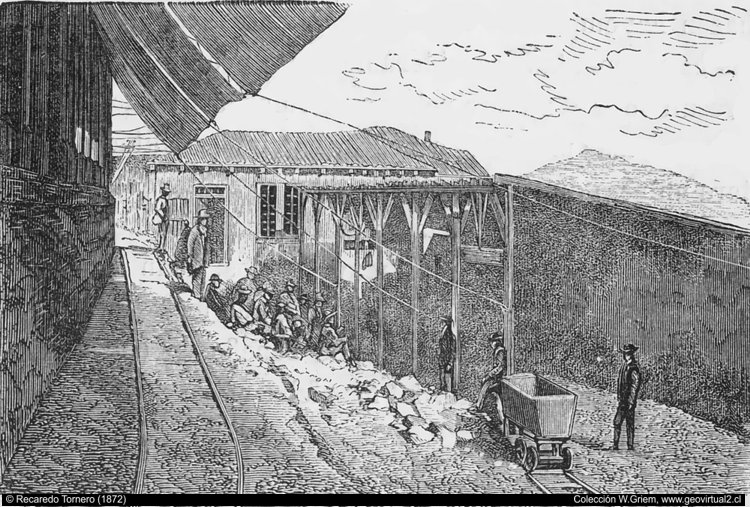 Die Silbermine Dolores in der Atacama Wüste, historische Zeichnung von Tornero