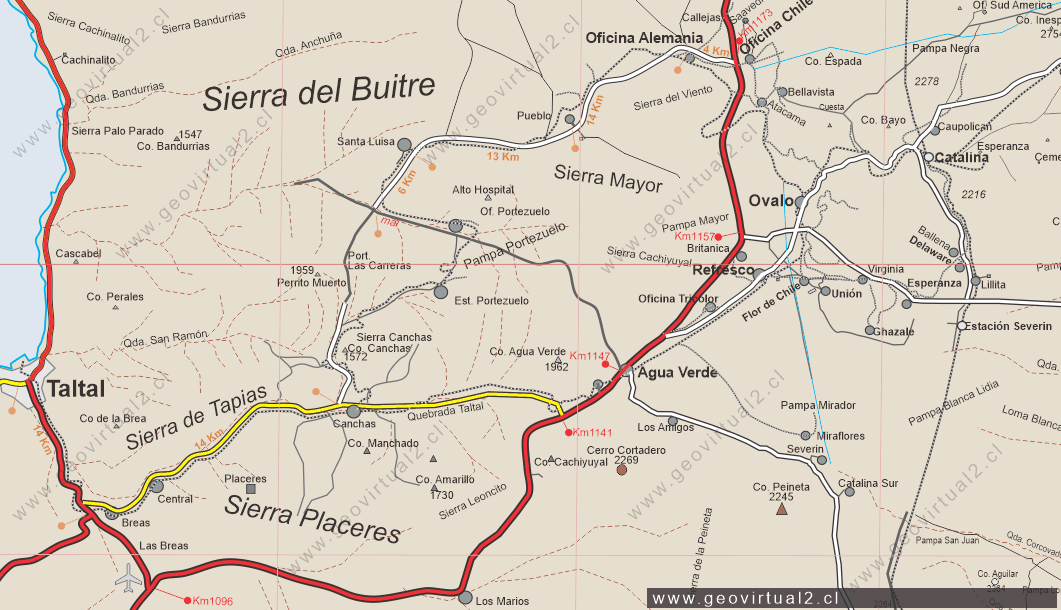 Carta sector Taltal y salitreras de Taltal en el desierto de Atacama